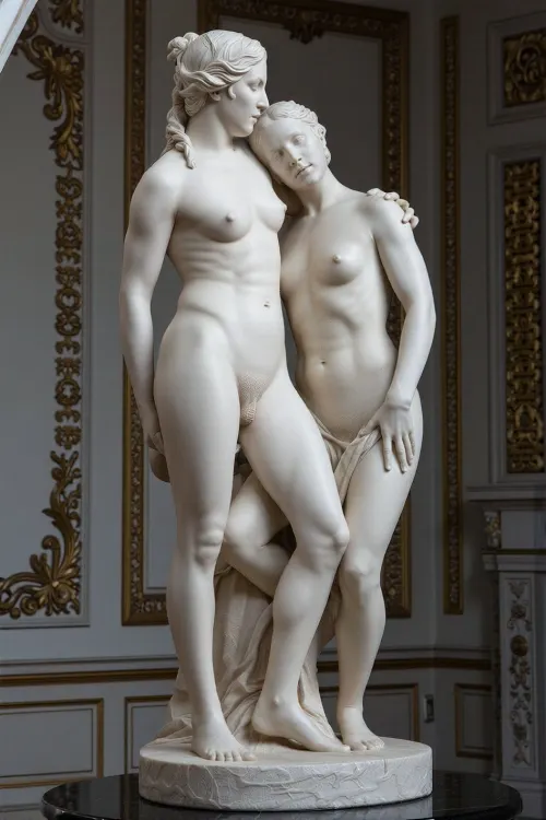 marble statuette of two naked lesbian women in intricate pose