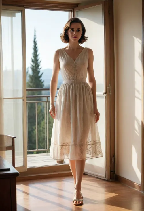 4122305, full body view. Private photo in 1958. 1 housewife stands next to a big window, she is 35 years old and wears lightly seethrough summerdress, (she spreads her legs apart, the sunlight pass through her dress:1.1), summershoes