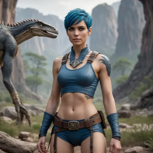 A young woman with short, vibrant blue hair, a slender androgynous physique, and a confident expression as observed from Picture 2, stands tall and poised in a prehistoric landscape. She wears a detailed outfit crafted from textured leather and bone armor, featuring reinforced straps woven between sturdy knots and a belt made from braided tendons. A pendant of smoothed pterosaur bone hangs around her neck, and wrist guards of flattened plates protect her arms.

She poses with a dominant stance, one hand resting near her waist pouches while the other holds a tool, showcasing her muscular androgynous frame. Her face is illuminated by soft, natural light, highlighting her direct gaze and the intricate details of her primal attire. The background features a vast, rocky terrain with towering prehistoric flora and a distant herd of large, long-necked dinosaurs under a hazy, ancient sky.

The scene is rendered in a photorealistic style with cinematic lighting, deep focus, and high contrast. The atmosphere is one of survival and mastery over the wild environment, capturing a moment of quiet power amidst the primeval world. 32K resolution, intricate details, octane render, realistic textures.