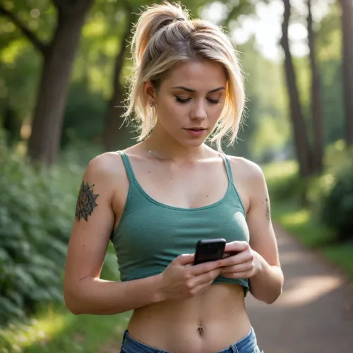 navel_piercing, shorts, phone, denim, bag, holding_phone, navel, cellphone, jewellery, backpack, open_fly, solo_focus, smartphone, train_interior, breasts, denim_shorts, short_shorts, necklace, realistic, holding, crop_top, midriff, ponytail, sensitive, long_hair, bracelet, 1girl, standing, tank_top, pants, unzipped, ear_piercing, lips, cutoffs, arm_tattoo, earrings, closed_mouth, blonde_hair, small_breasts, questionable, bare_shoulders, looking_at_phone, shirt, pubic_tattoo, natural film bloom, gritty grain texture. her hair blows toward the viewer as she looks up. she is photographically integrated into the landscape through shared illumination and atmospheric depth, cinematic live-action fantasy photography, environmental portraiture, photochemical 35mm film character, fine organic film grain visible throughout shadows and midtones, subtle highlight halation, restrained saturation, warm color response, deep imperfect blacks, gently underexposed photography, realistic unretouched skin texture, physically plausible sunlight, natural atmospheric perspective, subtle lens softness away from the focal plane, foreground occlusion, layered depth, no beauty lighting, The scene contains no artificial illumination and no unseen or off-camera light sources. There is no frontal key light, fill light, beauty light, studio light, realistic skin texture with visible pores, realistic anatomy, realistic fabric physics, photographic lighting, shallow depth of field, highly detailed face and hands, framing the composition asymmetrically. The background is a sea of out-of-focus bokeh of green and yellow light that imply foliage or artificial illumination, lending a dreamlike, ethereal quality to the scene. The foreground is sharply defined, capturing the texture of her skin and the fine strands of her hair with high fidelity, while the background dissolves into abstract, glowing shapes. The lighting is directional but diffuse, casting gentle shadows along her collarbone and spine, emphasizing form without harshness. The camera angle is low and slightly tilted, creating a dynamic, intimate perspective that draws the viewer’s eye upward toward her face. Depth of field is shallow, isolating her figure against the blurred backdrop