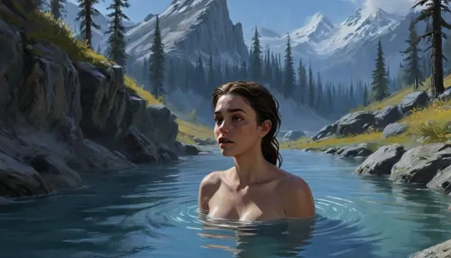 one woman, 30 year old, naked, sexy pose, hands behind head, bathing in hot springs sulfur water, (sunny daytime, medieval wilderness, flat terrain, lowlands, skyrim eastmarch, post volcanic tundra area), very close view, (artwork, digital painting, fantasy art, loading screen art style), <lora:J_cartoon:.2>, <lora:EnvyAnimeDigitalPaintingXL01:.1>