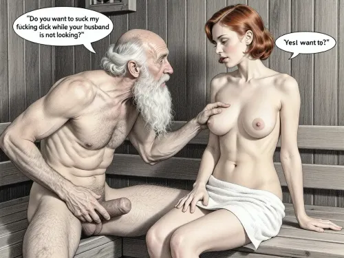 This is is a detailed monochromatic pencil drawing in a classical illustrative style depicts a scene set in USSR, in 1960s, bright, colorful colors, An old grandpa groping the medium breasts of a 25 year-old redhead European tourist in sauna, sitting, she is gorgeous, she is wearing a white towel, he is naked with big cock and long white beard, Speech bubble from grandpa "Do you want to suck my fucking dick while your husband is not looking?". The woman replies "Yes.I want it"The overall mood is intense, rendered in fine, expressive line work and subtle shading, evoking the style of 1950s satirical or moralistic illustrations.