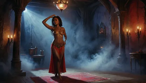 (one girl, 30 year old, african, small breasts), (inside dark medieval brothel, red accents, detailed background decorations), (wearing skimpy belly dancing skirt, topless), (dancing striptease on pedestal), night ambience, dynamic angle, (artwork, digital painting, fantasy art, loading screen art style), <lora:J_cartoon:.1>, <lora:EnvyAnimeDigitalPaintingXL01:.1>, <lora:Sinister_Style_SDXL:.1>