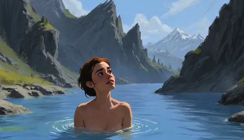 one woman, 30 year old, naked, sexy pose, hands behind head, bathing in hot springs sulfur water, (sunny daytime, medieval wilderness, flat terrain, lowlands, skyrim eastmarch, post volcanic tundra area), very close view, (artwork, digital painting, fantasy art, loading screen art style), <lora:SDXLSamDoesArts:.1>, <lora:J_cartoon:.1>, <lora:EnvyAnimeDigitalPaintingXL01:.1>