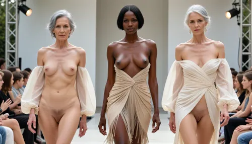 (full body view), (ultrarealistic photography), miss nude contest on an outdoor stage, some, (aged women, 100 years old:1.8), . Skin is that of a 100-year-old woman. The old ladies have grey hair, (Small, long, and very saggy breasts:1.8), ((very detailed, very old skin)), . Hair short cut in a bob on stage, realistic detailed faces, girls walk through the audience to the stage, defile, girls let themselves be touched by the audience, the audience touches women, all women are touched on their hips, asses and breasts, very shy, all women with shaved pussy, many spectators, sunny summer day
fashion runway show, three models walking on a catwalk, center model is a dark-skinned woman wearing an avant-garde beige pleated sculptural gown with fringe detailing, left and right models wearing fluid ethereal beige and off-white draped dresses with voluminous sleeves, high fashion aesthetic, sophisticated runway lighting, soft ambient glow, neutral color palette, elegant poses, professional photography, cinematic composition, sharp focus, 8k resolution, haute couture style, minimalist background.