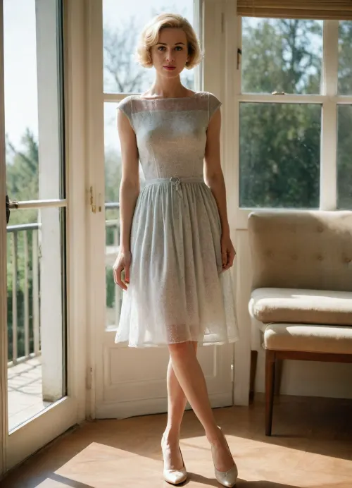 4122305, full body view. Private photo in 1958. 1 housewife stands next to a big window, she is 35 years old and wears lightly seethrough summerdress, short blonde hair, (she spreads her legs apart, the sunlight pass through her dress:1.1), summershoes