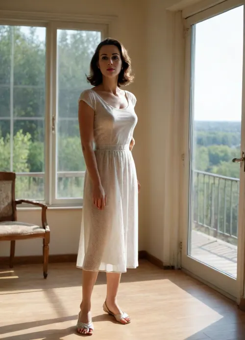 4122305, full body view. Private photo in 1958. 1 housewife stands next to a big window, she is 35 years old and wears lightly seethrough summerdress, (she spreads her legs apart, the sunlight pass through her dress:1.1), summershoes
