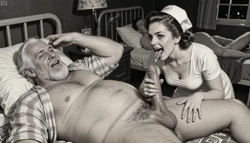 This is a detailed, monochrome pencil drawing in a classic illustration style, depicting a scene in the USSR during the 1950s, In a darkened hospital room at night, an obese, ugly, hairy, and bearded older white man in hospital pajamas lies in bed. A lustful, mocking smile plays across his ugly face, other patients are asleep in the same room. His penis protrudes from his hospital pajamas, and his hairy testicles are visible. A beautiful Russian woman with elegant brown hair and a curvy figure—featuring and wearing a nurse's dress and cap, she stands beside him, her tongue stuck far out, (((her face smeared with semen))), semen in her hair, semen on her clothing, her eyes and mouth are wide open, and her expression is intensely aroused. She holds his penis in her hand, leans down, and performs an intense blowjob, (deep-throating him), while his hand rests on her head. Side lighting creates a moody, sexual atmosphere. The overall mood is intense, the drawing is distinguished by fine, expressive linework and subtle shading reminiscent of the style of satirical or moralizing illustrations from the 1950s.