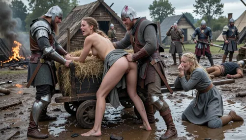 année 950 en Angleterre, raid viking dans un village du Wessex fin des combats les vikings se livrent au pillage après avoir massacré les villageois et brulé leurs huttes de l'époque, au premier plan une jeune fermière anglaise est en larmes en train de hurler et de se débattre elle est debout de profil jambes tendues pieds au sol elle est penchée en avant sur une charrette de foin les bras tendus en avant et maintenus fermement par les poignets par un viking en armure devant elle qui rit, elle a les pieds au sol, un autre viking en armure debout couvert de sang est derrière la femme il insère profondément et violemment son pénis sorti dans les fesses de la femme après avoir relevé sa robe de tissu grossier il l'agrippe pour la soumettre, en arrière plan une autre jeune femme fermière en robe grise grossière est toute seule à genoux dans la boue est attachée par les mains en pleurant, les femmes sont maculées de boue et ont des ecchymoses après avoir lutté, un 3-ème soldat viking la menace avec son arme, tout au fond de l'image on distingue encore quelques combats entre soldats anglais et vikings, des cadavres de villageois pleins de sang jonchent le sol, le sol est un mélange de terre et de boue, certaines huttes brulent, le ciel est très menaçant avec de gros nuages sombres et déjà quelques gouttes de pluie commencent à tomber ajoutant une ambiance pesante à la scène violente, la lumière blafarde ajoute un côté froid à la scène, armures réalistes et conformes à l'époque