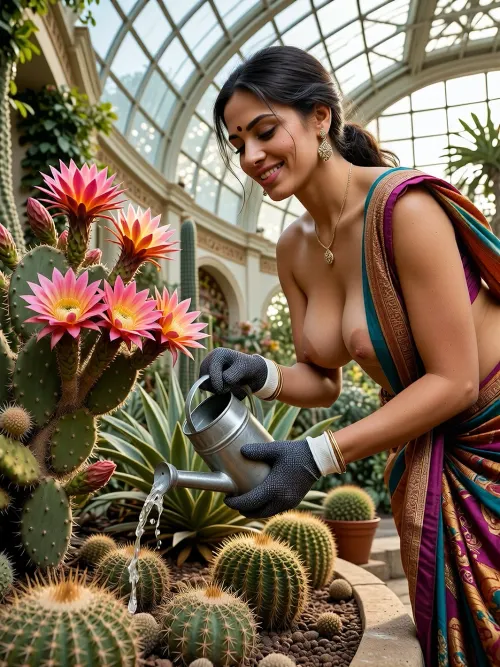 A hyper-realistic, cinematic photograph taken inside a majestic architectural conservatory with a glass dome at the ‘Cactus Garden’ in the state of Gujarat, India. In the foreground is an elegant Indian woman in a colourful traditional sari, slung over one shoulder, her bare, naturally sagging breast exposed, as she tenderly tends to the plants, holding a small vintage watering can—from which water is pouring—in her hands, clad in elasticated, protective gloves, and smiling a warm, caring smile. In the middle ground is an incredibly detailed close-up of exotic flowering cacti with bright pink and yellow blooms and sharply defined spines, surrounded by lush green succulent vegetation and vibrant desert flora. Bright, warm daylight streams through the geometric glass panels of the conservatory’s dome, creating beautiful beams of light and soft bokeh. With 8K resolution and photorealistic quality, captured using a 35-millimetre lens, this photograph is a masterpiece of commercial photography, characterised by its high level of detail in the textures of the skin and plants.