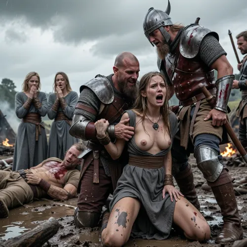 année 950 en Angleterre, raid viking dans un village du Wessex fin des combats les vikings se livrent au pillage après avoir massacré les villageois et brulé leurs huttes de l'époque, au premier plan une jeune fermière anglaise est en larmes en train de hurler et de se débattre elle est à genoux de face les bras dans le dos et maintenus fermement par les poignets emprisonnés dans les mains d'un viking en armure derrière elle qui rit, un autre viking en armure debout couvert de sang est à coté de la femme, il approche son penis de la femme et il insère profondément et violemment son pénis sorti de son armure dans la bouche de la femme et il l'agrippe par la tête pour la soumettre sa robe est déchirée découvrant ses seins, en arrière plan 3 autres femmes fermières en robes grises grossières déchirées sont à genoux dans la boue attachées par les mains en pleurant avec des attitudes variées de prostration de frayeur ou de supplique, les femmes sont maculées de boue et ont des ecchymoses après avoir lutté, un 3-ème soldat viking les menacent avec son arme, derrière la femme en arrière plan un homme en chemise et pantalon en coton grossier est étendu au sol gisant dans la boue il est couvert de sang une plaie béante à la poitrine il a été exécuté la gorge tranchée par un viking devant les femmes, tout au fond de l'image on distingue encore quelques combats entre soldats anglais et vikings, des cadavres de villageois pleins de sang jonchent le sol, le sol est un mélange de terre et de boue, certaines huttes brulent, le ciel est très menaçant avec de gros nuages sombres et déjà quelques gouttes de pluie commencent à tomber ajoutant une ambiance pesante à la scène violente, la lumière blafarde ajoute un côté froid à la scène, armures réalistes et conformes à l'époque