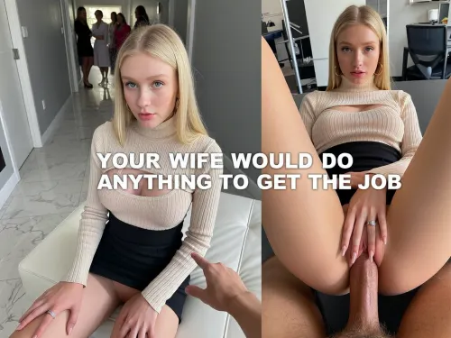 8k UHD, Picture divided in two parts.
On the left part of the picture, high angle professional photoshot. A 19 years old blonde sexy girlfriend with candid innocent face is sitting holding tighten her thighs on a white leather couch. The scene takes place in an indoor corridor with marble on thé floor and empty grey walls. Clear blonde very long square haircut, very pale almost sick skin, freckles on her face, slim face, slim nose, Big clear blue eyes, slim chin, moles, large gold hoop earrings, skinny body. She's wearing a beige turtleneck pullover with a downblouse and a skinny sized black skirt. Pussy barely visible. Wedding ring with a diamond on her ring finger. The secretary and the viewer are handshaking each other. Daytime, sunlight is sparkling the scene. In background, blurred crowd of beautiful women with office clothes who are waiting in the corridor.
On the right part of the picture, POV, same girlfriend, same face, same body, same clothes. Inside an office. Nobody's around. She's lying on her back on a desk, holding her thighs, getting fucked in missionary position by a thick 18 inches veiny penis, wet penis. She's streaming.
Big text on the center of the picture "YOUR WIFE WOULD DO ANYTHING TO GET THE JOB".