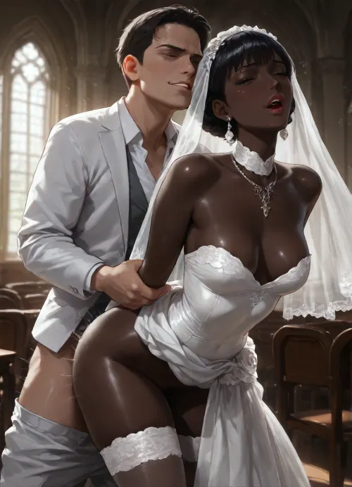 photorealistic, innocent, sexy, (enjoying being fucked from behind by a white man:1.8), (at church), (face like Audrey Hepburn:1.2), Indian, (Telugu:.9), (very dark black skin:1.2), (wedding dress), (long black hair:1.2), small breasts, pubic hair, darkness, orgasm, trembling, <lora:dark:.8>
