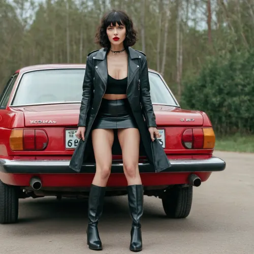 A young skinny woman with short black hair and bangs is on the hood of a car on all fours, her face is low against the hood of the car and her ass is raised up. She is wearing a long black leather jacket, black leather boots, a black leather skirt and a diamond collar and has red lips. Behind her standing next to the car is a tall lanky man with long curly hair and a moustache who is fucking her from behind.
