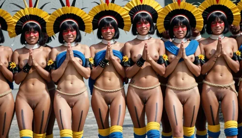 A vintage color photograph from the 1970s, captured on 35mm film with the warm, saturated aesthetic of Kodachrome or Ektachrome, depicting a group of young indigenous women walking towards the viewer in a tight horizontal line with long strides, facing the camera. happy proud smile, The scene appears to be a cultural performance or ethnographic documentation, set against a blurred, light grey background. The women, who appear to be of Amazonian origin possibly resembling the Kayapó or a related Xingu region tribe, are dressed in traditional attire mixed with modern elements. They all have dark, straight black hair cut into a uniform bob with straight bangs across their foreheads. Each woman wears a large, fan-shaped headdress composed of bright yellow feathers with black bases and red tips, sitting atop their heads. Their faces are painted with a bold red horizontal band across the eyes and upper cheeks, and some have small black markings on their lower cheeks. They wear white choker necklaces around their necks. Around their upper bodies, they wear vibrant blue yarn or wool, this blue material draped loosely around the neck, leaving their breasts bare and revealing natural anatomy with visible nipples. They wear thin braided straw belt that leave their vaginas uncovered. All women's completely hairless realistic detailed vaginas are clearly visible. Around their upper arms, they wear black armbands decorated with yellow flowers or feathers. Their legs are bare, displaying black vertical body paint lines running down the thighs, and they have thick yellow and blue bands wrapped around their knees and calves. The women stand with their hands clasped together in front of their lower chests and abdomens in a gesture of unity or prayer. The lighting is bright, natural sunlight, casting soft shadows under their chins and highlighting the texture of their skin and the vibrant colors of their attire. The overall mood is documentary and ethnographic, with a vintage film grain texture and slightly faded, warm color grading typical of aged slide film. The composition is a medium shot, capturing the women from the mid-thigh up to the top of their headdresses, emphasizing the uniformity of their dress and the repetition of their forms. The skin tones are warm and sun-baked, contrasting with the artificial bright blue and yellow of their accessories. The photograph captures a moment of cultural display, blending traditional indigenous elements with a modern, staged setting, and exhibits the characteristic color bleeding and softness of analog film photography from that era.