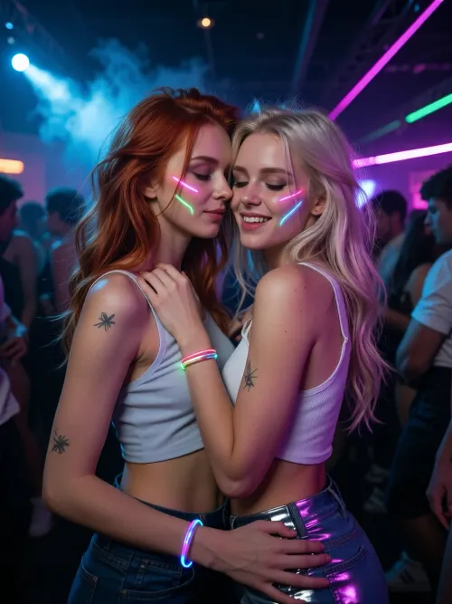 Ultra detailed depiction, professional photograph, realistic, perfect composition of lights, clear focus.
Two girlfriends sharing a joyful, electric moment together in the middle of a rave party.
A striking young woman stands close behind and slightly to the side of her friend, her head leaning in close behind her friend's ear, her face partly hidden by her friend's hair. 1redhead, 1platinium blonde.
Her friend tilts her head back slightly, caught in an amused, knowing laugh, eyes softly closed, a warm genuine smile on her lips.
Their hands rest gently on each other, hands on shoulder and hip, both relaxed and affectionate.
Both women have soft curved lines of glowing neon face paint across their cheeks and temples, catching the surrounding lights, along with small delicate tattoos visible on their shoulders and arms.
They have long, wild, tousled hair with a few colorful streaks catching the neon light.
They wear sleeveless crop tops and high-waisted shorts in bright reflective fabric, small glow bracelets stacked on both wrists.
Around them, a dense crowd of dancers is blurred in motion, illuminated by sweeping colorful stage lights in electric blue, magenta, and green.
Beams of laser light cut through a light haze of stage smoke drifting through the air.
The lighting is dramatic and colorful, strong contrasts between deep shadow and vivid glowing neon light across their faces and skin.
Shallow depth of field, the crowd and lights softly blurred behind them, sharp focus on both faces.