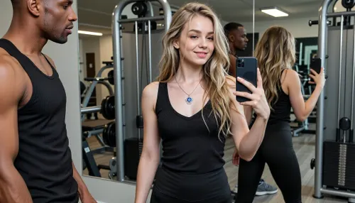 Photorealistic full body gym mirror selfie of the exact same 19 year old woman from the reference, same face, same long wavy dirty blonde hair, same fair skin, same soft smile, same physique. She is wearing the same black sleeveless V-neck top, same black leggings, same gray sneakers and the same silver necklace with blue evil eye pendant, holding a phone taking the selfie. Standing next to her is a strong muscular Black male gym instructor, athletic build, short hair, also looking at the mirror and included in the selfie. Only these two people in the entire image, modern gym with machines, mirrors and equipment in the background, indoor gym lighting, highly detailed faces and bodies, 8k