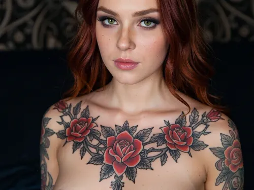 (A tattoo artist's portfolio portrait of a goth redhead woman showcasing an intricate full-coverage chest tattoo of red roses and thorns and black lace), (She is a perfect example of non-conventional beauty with facial features composed of sharp strong angles, deep green eyes)