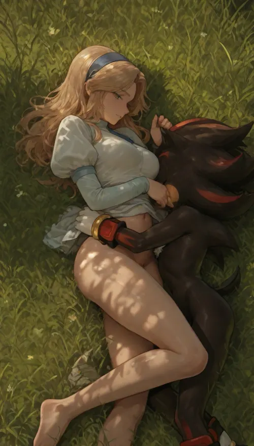 Maria Robotnik from Sonic the hedgehog franchise, 18 years old, Beautiful chubby body, Small height, (skinny waist), Maria Robotnik's dress, (she wears a dark blue puffy-sleeved blouse with a white stripe running down the middle over a sky blue, knee-length dress with long sleeves, a dark blue hairband), nude from the bottom, (vagina), (shaved pussy), (Maria Robotnik bare feet), Shadow the hedgehog from Sonic the hedgehog franchise, antrho, (Shadow the hedgehog have his white gloves), (Shadow the hedgehog have his boots), (very detailed Shadow the hedgehog penis), Shadow the hedgehog is standing near a wooden table, Maria Robotnik is lying on a grass, (Maria Robotnik is lying on her stomach), Shadow the hedgehog is having an vaginal sex with Maria Robotnik, side view, (view from side), clearing, (very detailed green grass), Maria Robotnik is looking at Shadow the hedgehog, Maria Robotnik is huffing, masterpiece, very detailed image, 4k image