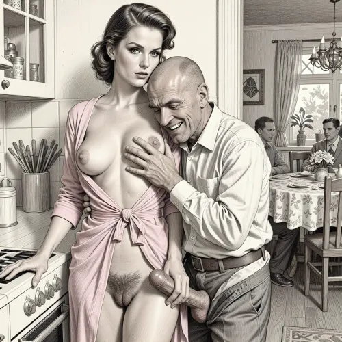 This is a detailed monochromatic pencils drawing in a classical illustrative style depicts a scene set in USSR in 1960s, Beautiful sexy brown elegant hairstyle milf stands with her back against the wall in a in Soviet kitchen, wearing in unbuttons at the chest pink robe pulled up high, married woman, developed saggy breasts, ((the hem of the robe is pulled up:1.7)), very hairy woman's pubic, She holding the cock of a bald old man in her hand and she is handjob his, fully clothed old man in shirt and unbuttons trousers hugs her and roughly and imperiously squeezes her tits with his hand by his fingers, seductive face, male cock and hairy balls, Old man laugh mockingly, the Soviet apartment with festive tableis with people sitting at the table visible through the open kitchen door, The overall mood is intense, rendered in fine, expressive line work and subtle shading, evoking the style of 1950s satirical or moralistic illustrations.