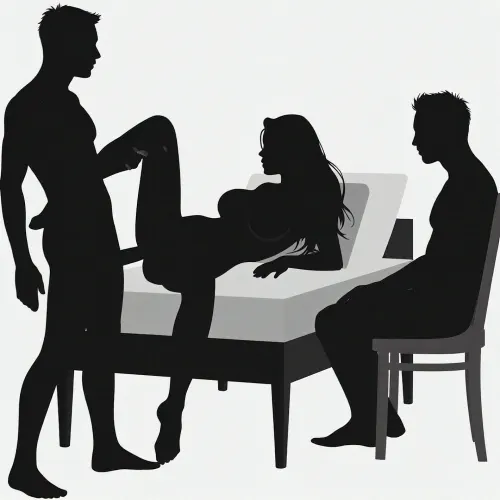 Simple black silhouette stick figure style 2D profile view. A male silhouette profile is fucking a female silhouette with long hair and large breasts who is lying on her back on a bed. On the other side, another male silhouette is sitting on a chair watching the couple. Clean white background, minimalist, clear shapes.