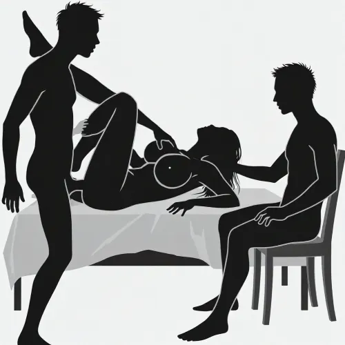 (Simple black silhouette stick figure style 2D profile view), a male silhouette profile is fucking a female silhouette with large breasts who is lying on her back on a bed. On the other side, another male silhouette is sitting on a chair watching the couple. Clean white background, minimalist, clear shapes.