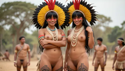 (full body view), A realistic photograph of two indigenous Brazilian women standing in traditional tribal attire, captured using a professional film camera with a 50mm lens at f/2.8 to create a shallow depth of field. The primary subjects wear expansive fan-shaped headdresses made from brilliant yellow and black parrot feathers, crowned by long red plumes. Their dark hair is long and straight, featuring thick, blunt bangs across the forehead. Their facial ornamentation consists of a thick horizontal red stripe painted across the bridge of the nose and eyes, paired with small black geometric markings on the cheeks. Multiple heavy strands of cream-colored beaded necklaces drape over their chests, providing a bright contrast to their warm, sun-kissed skin. both women's completely hairless vaginas are clearly visible. their outer thighs are marked with complex, dark geometric line patterns that extend down to the knees. The woman on the left stands with her arms crossed over her chest, facing the camera with a carefree warm smile. The woman on the right is positioned slightly to the side, adjusting her hair with a sweet shy smile. The lighting is bright, natural, and diffused, creating soft highlights on their shoulders and the texture of the feathers. In the background, other members of the tribe are visible as blurred, out-of-focus shapes against a backdrop of muted green trees and dusty earth. The color palette is rich in earthy browns, vibrant yellows, and deep reds, reflecting a vintage documentary aesthetic with subtle film grain. The composition is a medium-wide shot that captures the full ornate headdresses and the environment, emphasizing the cultural significance of the attire. 8K ultra-detailed resolution, ethnographic portraiture, high-quality cinematic lighting, sharp focus on the subjects, and natural skin textures.