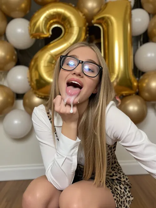 the image shows a young woman squatting in front of a wall of balloons. she is wearing a white blouse and a leopard print dress. she has long blonde straigt hair and is smiling at the camera. woman in black framed glasses. there are golden balloons with "21" in the background. from abover, overhead shot the balloons are in gold and white colors in the background. the background is blurred, but it appears to be a room with a white wall and a wooden floor., tan glossy pantyhose, woman with cum in mouth, open mouth filled up with white liquid like cum. the mouth is filled to the brim with white liquid. gokkun. some bublles of cum in mouth, grab chin, 1girl, pov, pov hands, looking at viewer, realistic, lips, hand on another's chin