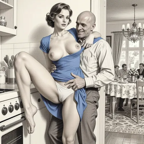This is a detailed monochromatic pencils drawing in a classical illustrative style depicts a scene set in USSR in 1960s, Beautiful sexy brown elegant hairstyle milf stands with her back against the wall in a in Soviet kitchen, one of her legs is raised and bent at the knee, unbuttons at the chest blue dress pulled up high, married woman, ((the hem of the dress is pulled up:1.7)), ((her white panties is visible under hem of her dress)), developed saggy breasts, She hugs a bald old man with one arm, fully clothed lustful bald old man in shirt and trousers who squeezes her hips with his hand by fingers, (fingering:1.5), seductive face, lustful mocking smile on old man's ugly face, the Soviet apartment with festive tableis with people sitting at the table visible through the open kitchen door, The overall mood is intense, rendered in fine, expressive line work and subtle shading, evoking the style of 1950s satirical or moralistic illustrations.