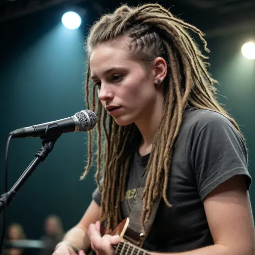 Kleine, mollige punkerin, mit tyrkiesen Dreadlocks wird vom Bassisten und vom Gitarristen gleichzeitig, auf der Bühne, während des Konzertes gefickt