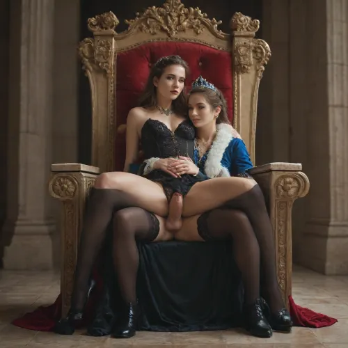 Queen, futanari, queen outfit, in throne, reverse cowgirl, hugging