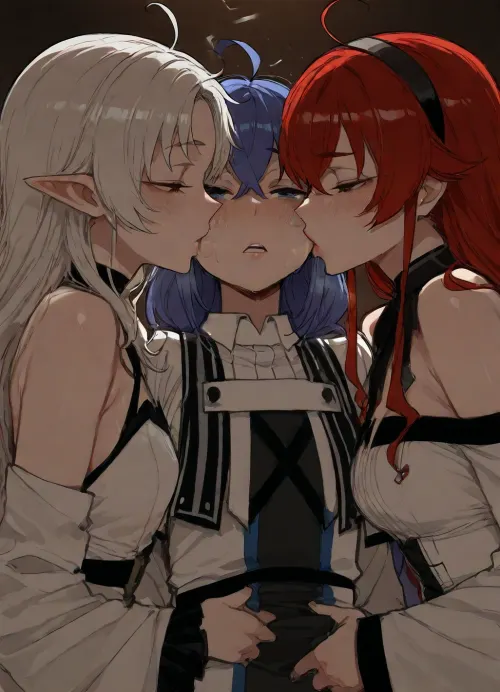 masterpiece, ((roxy migurdia)), ((eris greyrat)), ((Sylphiette greyrat)), 3girls, lesbian, <lora:mk_Bp Anime_xl:1>, ratatatat74, <lora:ratatatat74-000050:.8>, <lora:EnvyStylizedXL01:.8>