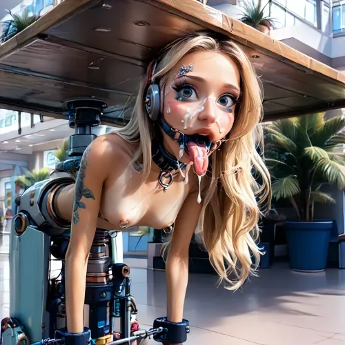 outdoors, (paradise island mall:1.3), (side view:1.3), (under bar table counter:1.5), (narrow innocent looking face:1.6), (light very white sci-fi bdsm machine:1.7), (young beautiful petite woman:1.7), (((woman is stuck up leaning forward in a small horizontal hole with bdsm light machine:1.6))), ((lower body totally restrained in small horizontal machine:1.7)), ((head is fixed behind:1.8)), (arms behind in machine:1.7), (stuck from small horizontal rim machine:1.6), ((electronic mouth spreader ring gag:1.7)), (very wide open mouth:1.6), ((model cutie:1.8)), (perfect:1.5), (slender fit skinny:1.6), (small thin waist:1.3), (tattooed wide shoulders:1.4), (clear narrow perfect dark eyes:1.6), (perfect lips), ((very long wide smooth light white tongue out down:1.7)), ((round tongue's end:1.6)), (cum flows out from mouth:1.7), (cum on face:1.3), (light massive very oversized electronic collar device around very short throat:1.6), (blonde smooth silky long hair:1.5), (firm perky implanted medium breasts:1.5), (her boobs is spread apart:1.6), (tan fair very oiled skin:1.6), (very beautiful perfect face:1.7), thin beautiful eyebrows, (very gorgeous:1.5), (sexy:1.4), (nipple ring piercings:1.4), (satisfied:1.6), (tattoo:1.3), (seductive sexy makeup:1.5), (long black eyelashes:1.4), lipstick, (stunning:1.3), (dimples on cheeks:1.4), (paradise island:1.3), (palm trees:1.2), (bright day:1.5), (masterpiece:1.1), <lora:skinny11:.5>, <lora:Microwaist_XL_v01:1.5>