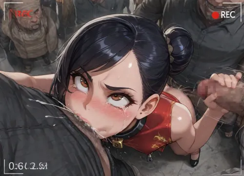 Nsfw, from side, from above, gangbang, enf, perfect face, masterpiece, big eyes, brown eyes, (young Japanese girl:1.2), (the girl is red china dress:1.2), (the girl is Thick black large collar and large padlock:1.3), no panties, Black shoes, (the girl is hair bun), top knot, (black hair), (single bun:1.8), (hair behind ear:1.2), (forehead:1.2), (swept bangs), very small breast, (angry:1.2), (crying:1.4), (tears:1.5), (ahegao, (orgasm:1.3), (blushing, Japanese face, furrowed brow, (deep throat), long shot, city street, (recording:1.2), (homeless man:1.2), (homeless oldmen crowd:1.4), (homeless man is excessive forced sex:1.3), {, the girl handjob man), (the smiling man is dressed))