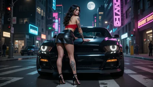 1 sexy woman, 25 years old, long wavy dark hair, perfect slender body, perfect face, full body view, rear view with an angle, wearing a black leather mini skirt and a red crop top, black high heels, (full-body tattoos), looking to the side, standing at a large street-intersection in a cyber neon city, leans with her hands on the hood of a muscle car, (neon signs), night, dark, neon lights, moonlight, masterpiece, best quality, niceheels, stiletto, heel, strappy
