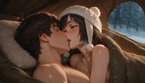 realistic style, solo, 25 years old couple, lay close together inside one sleeping bag, skinny, (female has short brown hair with side bangs), (small chest), (blue eyes), (gray winter hat with pompom:1.1), (fair skin), (((freckles))), ((small birthmarks)), (male has short hair, toned lean man), (male dark hair, light skin:1.5), (man in a winter hat), (inside a tent), (winter:1.3), (snow:1.3), (couple having sex in a sleeping bag), (from behind), (orgasm), (inside sleeping bag:1.3), (looking at each other:1.5), (wide open eyes), (love), (steam from mouth:1.3)