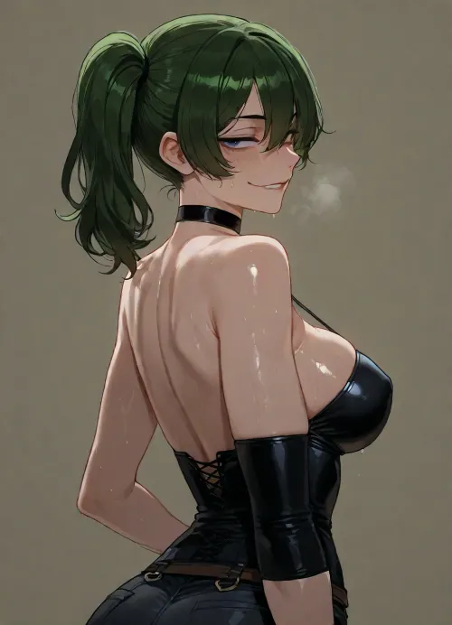 (ratatatat74 style), ubel, sly smile, dressed, solo, back fetish, sweaty, looking at viewer, side view, (simple background), <lora:ratatatat74-000050:2>