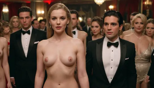 The scene takes place in a swinger club, only married couples, (husbands and wives), are present, women are completely naked, (women in clothing are not permitted), a social gathering, a romantic date, swingers, a sexual encounter, 25-year-old women with beautiful hairstyles and well-groomed appearances, a sophisticated social event, a cocktail party, completely naked women, (wearing only high heels), women with slender figures and small but beautiful breasts, husbands in expensive suits, full-body shot, realistic, high image quality.Faces, hair, and hands are well-rendered.Men only in black tuxedos.