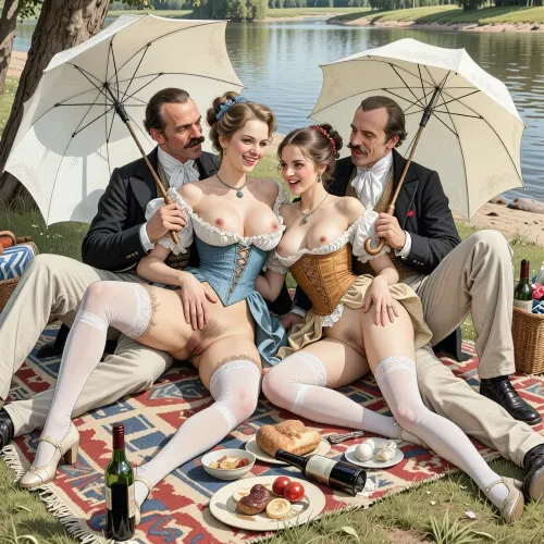 This is a detailed monochromatic pencil drawing in a classical illustrative style depicts a scene set in Russian Empire in 1860s, .bright, colorful colors, top view, (warm ambient light:.5), (shadows:.4), Summer, heat, south, 2 very beautiful noble women, ((1 very beautiful noble milf 35 years old, The Countesse+ nice cute younger noble girl 18 years old)), (both are different with elegant hairstyles, corsets with open tits and white silk stockings, shoes, with umbrellas in their handse), ((They both sitting on river beach)), ((woman's and girl's are legs apart, woman's hairy pubic and hairy labia are visible)), ((girl's hairy pubic and hairy labia are visible)), smiles, (A mischievous smile on faces), 2 Dapper moustaches guys Fully dressed like the dandies of that era hug them with laughter, a rug with food and bottles of wines for a picnic is spread out on the grass in front of the whole company. view from below, perfect fingers, perfect anatomy, (woman's body and girl's body), 1woman+1girl+ 2guys, The overall mood is intense, rendered in fine, expressive line work and subtle shading, evoking the style of 1950s satirical or moralistic illustrations.