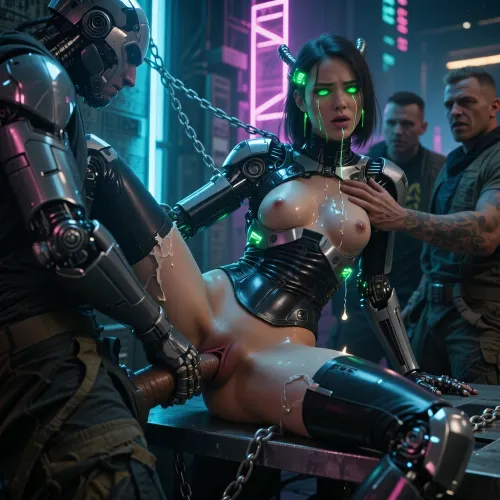 In a dystopian neon-lit city, a heavily augmented female android with glowing cybernetic green eyes and body modifications is captured by one member of gang ruthless mercenaries. He is dragging her into their hideout and chain her to a wall outside the building, ripping off her tight-fitting bodysuit to expose her perfect synthetic body.The mercenarie taunt and grope the helpless android, roughly squeezing her firm tiny breasts and probing her artificial orifices. One of the mercenaries, a hulking cyborg with a massive robotic phallus, steps forward and brutally penetrates the android's vaginal opening, causing her to spark and glitch from the force.The android writhes and struggles against her restraints, her systems overwhelmed by the violent assault. The cyborg mercilessly pounds into her, stretching her artificial pussy to its limits while the other mercenaries watch with twisted glee. Tears of machine oil stream down the android's face as her body is defiled and damaged by the relentless cyber-r@pe.Tags, 1girl, 1boy, android, cyborg, r@pe, vaginal r@ped, violent penetration, sexual abuse, crying, tears, struggle, cyberpunk, augmentations, bodysuit, torn_clothes, small breasts, large_insertion, cum, machine_oil, chains, metal_table, hideout, neon, score_9, photorealistic, sharp dramatic lighting, neon lights, cyberpunk 2077, violence, slapped tits, dripping wet pussy, perfect scene, masterpiece, 50mm lens, bokeh, raining, haze