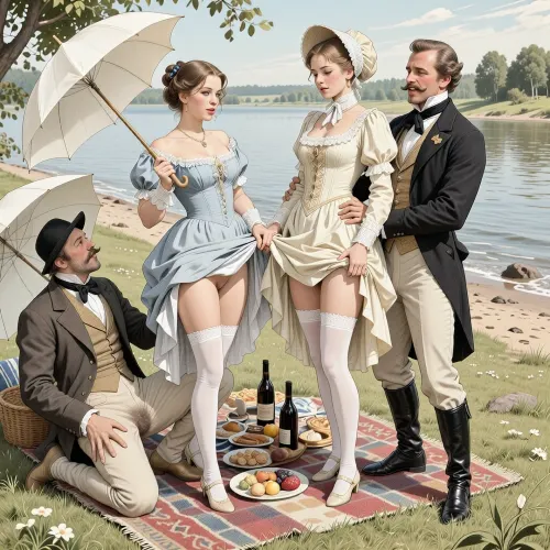 This is a detailed monochromatic pencil drawing in a classical illustrative style depicts a scene set in Russian Empire in 1860s, .bright, colorful colors, top view, (warm ambient light:.5), (shadows:.4), Summer, heat, south, 2 very beautiful noble women, ((1 very beautiful nice cute younger noble women 18 years old)), (both are different with elegant hairstyles, beautiful dresses with lift up hem, bonnet-hat in the style of the 19th century and long white silk stockings, shoes, with umbrellas in their handse), ((They both stand and lift the hems of their dresses in front of the 2 Dapper moustaches guys sitting on the river beach)), ((women's hairy pubic and hairy labia are visible)), (A mischievous smile on faces), 2 Dapper moustaches guys Fully dressed like the dandies of that era hug them with laughter, a rug with food and bottles of wines for a picnic is spread out on the grass in front of the whole company. view from below, perfect fingers, perfect anatomy, (woman's body and girl's body), 2girl+ 2guys, The overall mood is intense, rendered in fine, expressive line work and subtle shading, evoking the style of 1950s satirical or moralistic illustrations.