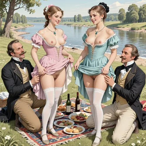 This is a detailed monochromatic pencil drawing in a classical illustrative style depicts a scene set in Russian Empire in 1860s, .bright, colorful colors, top view, (warm ambient light:.5), (shadows:.4), Summer, heat, south, 2 very beautiful noble women, ((1 very beautiful nice cute younger noble women 18 years old)), (both are different with elegant hairstyles, beautiful unbuttoned at the chest dresses with lift up hem, dresses style of the 19th century and long white silk stockings, with jewelry around their necks, shoes), women are smiles playfully, ((They both stand and lift the hems of their dresses above their waists in front of the 2 Dapper moustaches guys sitting on the river beach)), ((women's hairy pubic and hairy labia are visible)), (A mischievous smile on faces), 2 Dapper moustaches guys Fully dressed like the dandies of that era with laughter, a rug with food and bottles of wines for a picnic is spread out on the grass in front of the whole company. view from below, perfect fingers, perfect anatomy, (woman's body and girl's body), 2girl+ 2guys, The overall mood is intense, rendered in fine, expressive line work and subtle shading, evoking the style of 1950s satirical or moralistic illustrations.