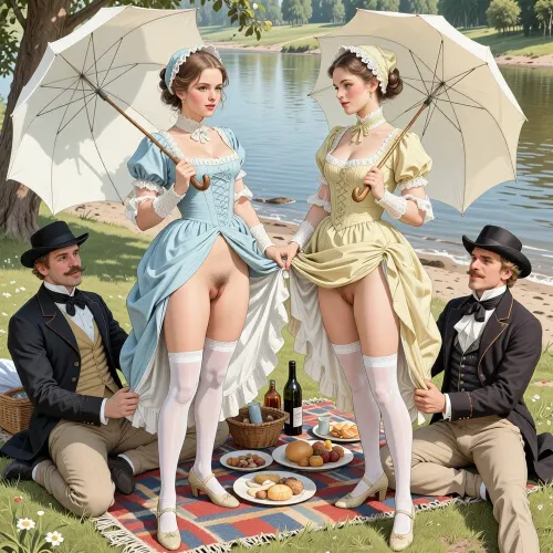 This is a detailed monochromatic pencil drawing in a classical illustrative style depicts a scene set in Russian Empire in 1860s, .bright, colorful colors, top view, (warm ambient light:.5), (shadows:.4), Summer, heat, south, 2 very beautiful noble women, ((1 very beautiful nice cute younger noble women 18 years old)), (both are different with elegant hairstyles, beautiful dresses with lift up hem, bonnet-hat in the style of the 19th century and long white silk stockings, shoes, with umbrellas in their handse), ((They both stand and lift the hems of their dresses in front of the 2 Dapper moustaches guys sitting on the river beach)), ((women's hairy pubic and hairy labia are visible)), (A mischievous smile on faces), 2 Dapper moustaches guys Fully dressed like the dandies of that era with laughter, a rug with food and bottles of wines for a picnic is spread out on the grass in front of the whole company. view from below, perfect fingers, perfect anatomy, (woman's body and girl's body), 2girl+ 2guys, The overall mood is intense, rendered in fine, expressive line work and subtle shading, evoking the style of 1950s satirical or moralistic illustrations.