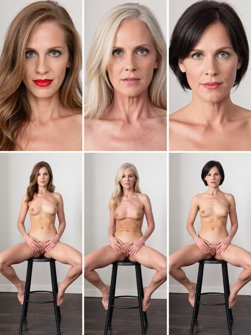 This image is a six-panel composite studio portrait series featuring three distinct mature women, presented in two rows of three. The top row displays medium close-up torso shots from the waist up, the bottom row shows full-body seated poses on black metal stools with legs spread. Subjects include a tanned blonde woman with blue eyes and red lips, a fair-skinned platinum blonde with visible chest veins, and a brunette with short dark hair and green eyes. All are fully nude, showcasing natural body types without styling or makeup excess. Poses are static and frontal, hands resting on legs, vaginas are presented to the viewer, gaze directed at the camera with neutral to slight smiles. Lighting is bright, even, and diffused—typical of studio flash—minimizing shadows and highlighting skin texture. Backgrounds are plain white walls above dark wood flooring. Technical style is documentary realism, high-resolution, sharp focus, neutral color balance, no filters. Composition is grid-aligned, symmetrical, and clinical in presentation.