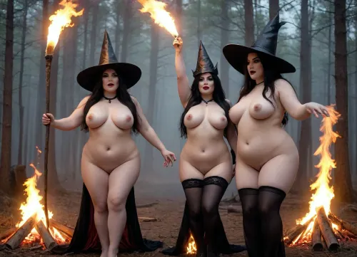 Surrealist art, 6 futanari, women, long black hair, heavy black makeup, futa, bbw, old futanari, grandma, and mother and, futanari sisters, naked, large penis, hard, wearing witches hats, dancing around large fire, forest background, night time, foggy Dreamlike, mysterious, provocative, symbolic, intricate, detailed, <lora:FF.102.colossusProjectXLSFW_49bExperimental.LORA:2>