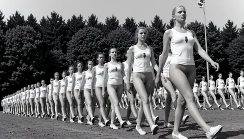 A vintage black-and-white photograph capturing a large formation of young nude women marching in synchronized steps outdoors on a bright, sunny day. The scene depicts a disciplined group, appearing to be a mid-20th-century youth organization or gymnastics team, moving diagonally from the left background toward the right foreground. The women are uniformly dressed in white, sleeveless, A-line tunics that leave their vaginas uncovered. All women's completely hairless realistic detailed vaginas are clearly visible, and white flat shoes that resemble ballet slippers or canvas gym shoes. A small, dark, vertical emblem is pinned to the left chest of each tunic. The primary subject is a tall young woman in the right foreground, captured mid-stride with her left leg extended forward and arms swinging naturally at her sides. She has light blonde hair pulled back, a serious, upward-gazing expression, and fair skin, looking off into the distance with her chin raised. Behind her, rows of identical marchers follow the same cadence, their faces showing focused determination, creating a rhythmic visual pattern of legs and white uniforms that recede into the distance. The background features a dense line of mixed forest, with tall pine trees and leafy deciduous trees providing a dark, textured backdrop that contrasts sharply with the bright white clothing. In the upper right corner, a tall flagpole with a flag is visible against the bright sky. The lighting is harsh natural sunlight, casting sharp, dark shadows on the ground beneath the marchers' feet and highlighting the folds and texture of their white garments. The image has a grainy, archival texture typical of historical photojournalism, with high contrast and a deep depth of field that keeps the formation sharp from the foreground to the mid-ground, while the distant trees are slightly softer. The composition emphasizes the unity and scale of the group through the diagonal leading lines of the marchers, shot from a slightly low angle to emphasize their stride and presence. The ground appears to be a dirt or gravel surface. The overall mood is one of organized discipline and historical documentation, evoking a sense of collective purpose and uniformity.