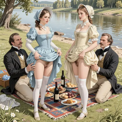 This is a detailed monochromatic pencil drawing in a classical illustrative style depicts a scene set in Russian Empire in 1860s, .bright, colorful colors, top view, (warm ambient light:.5), (shadows:.4), Summer, heat, south, 2 very beautiful noble women, ((1 very beautiful nice cute younger noble women 18 years old)), (both are different with elegant hairstyles, beautiful dresses with lift up hem, bonnet-hat in the style of the 19th century and long white silk stockings, shoes), ((They both stand and lift the hems of their dresses above their waists in front of the 2 Dapper moustaches guys sitting on the river beach)), ((women's hairy pubic and hairy labia are visible)), (A mischievous smile on faces), 2 Dapper moustaches guys Fully dressed like the dandies of that era with laughter, a rug with food and bottles of wines for a picnic is spread out on the grass in front of the whole company. view from below, perfect fingers, perfect anatomy, (woman's body and girl's body), 2girl+ 2guys, The overall mood is intense, rendered in fine, expressive line work and subtle shading, evoking the style of 1950s satirical or moralistic illustrations.