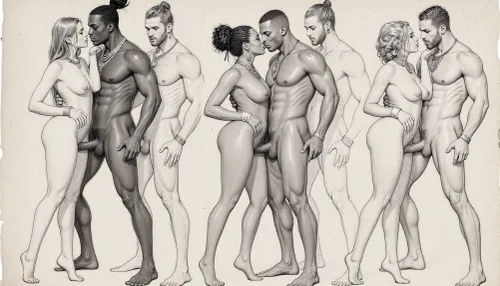 full body view, Rough charcoal sketch on textured paper, Nsfw. Pornographic art. explicit sexual intercourse poses of heterosexual couples of beautiful nude people from diverse ethnicities, curvy, busty, wide hips women, mascular, large cock males, traditional hairstyles and jewelry. clean line art, ethnographic erotic studies