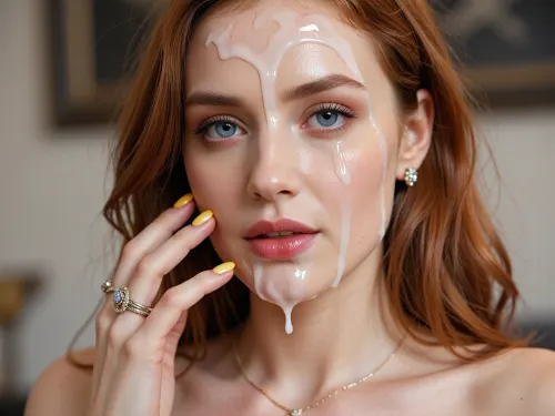 gorgeus 32 years old elegant woman.She has very white and pale skin, porseline skin texture, fit body, big blue eyes, medium lenght ginger hair, slender and thin facial texture, ıval face, sharp facial texture, big checkbones, light red lips, very realistic, light make up soft femminen lines, shiny yellow nails, small luxury earrings, big wedding rings on her finger, luxury small necklace, ((face covered in gallons of semen, face glazed with loads of cum from a lot of men, cum in hair, cum on the forehead, cum on eyes, cum on the nose, cum on cheeks, cum on mouth, cum dripping off chin)), cumbucket, cumdump, cumslut