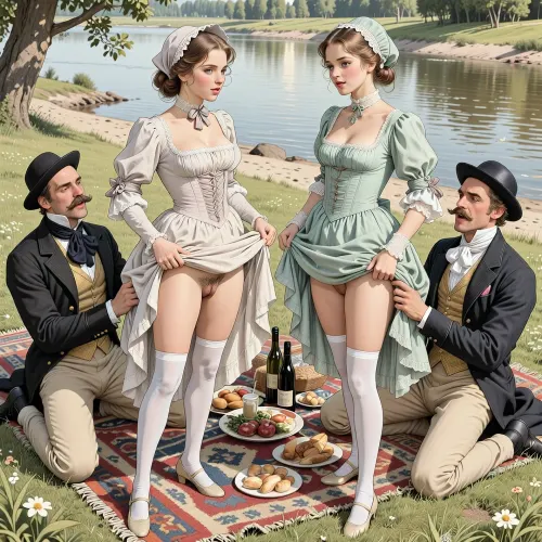 This is a detailed monochromatic pencil drawing in a classical illustrative style depicts a scene set in Russian Empire in 1860s, .bright, colorful colors, top view, (warm ambient light:.5), (shadows:.4), Summer, heat, south, 2 very beautiful noble women, ((1 very beautiful nice cute younger noble women 18 years old)), (both are different with elegant hairstyles, beautiful dresses with lift up hem, bonnet-hat in the style of the 19th century and long white silk stockings, shoes), ((They both stand and lift the hems of their dresses above their waists in front of the 2 Dapper moustaches guys sitting on the river beach)), ((women's hairy pubic and hairy labia are visible)), (A mischievous smile on faces), 2 Dapper moustaches guys Fully dressed like the dandies of that era with laughter, a rug with food and bottles of wines for a picnic is spread out on the grass in front of the whole company. view from below, perfect fingers, perfect anatomy, (woman's body and girl's body), 2girl+ 2guys, The overall mood is intense, rendered in fine, expressive line work and subtle shading, evoking the style of 1950s satirical or moralistic illustrations.